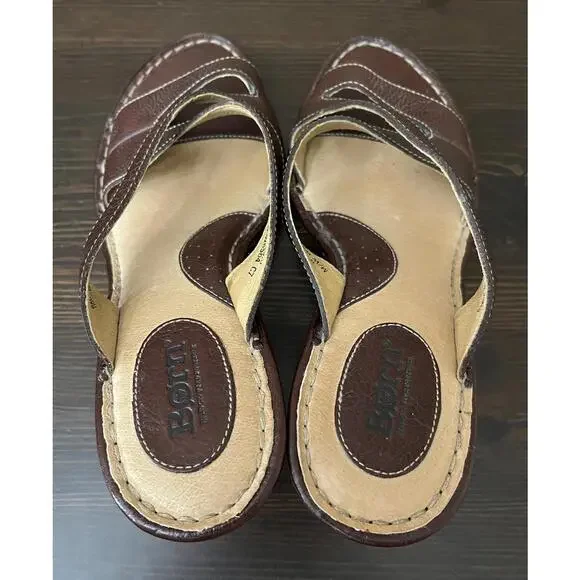 Born Sandals BrownLeather Open Toe Criss Cross Straps Platform Wedge Size 9 - Picture 5 of 9